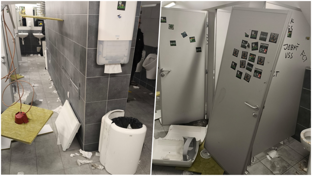 Scény ako po bombardovaní, visiace káble. fanúšikovia prešova demolovali štadión v košiciach